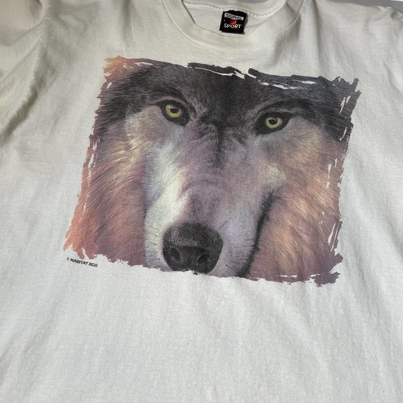 Vintage 90s Habitat Wolf White T-Shirt Size L‎ Wolves Nature Animals Wildlife - Picture 2 of 5